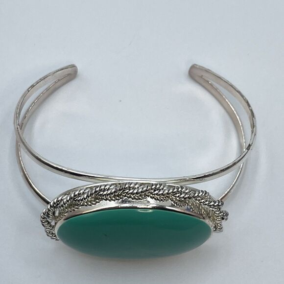 Vintage Best Silver Tone Turquoise Blue Acrylic Cabochon Open Cuff Bracelet - Picture 4 of 7